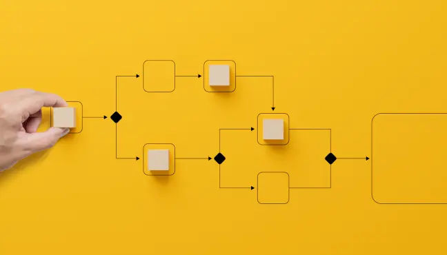 Hand placing blocks along a yellow workflow diagram.